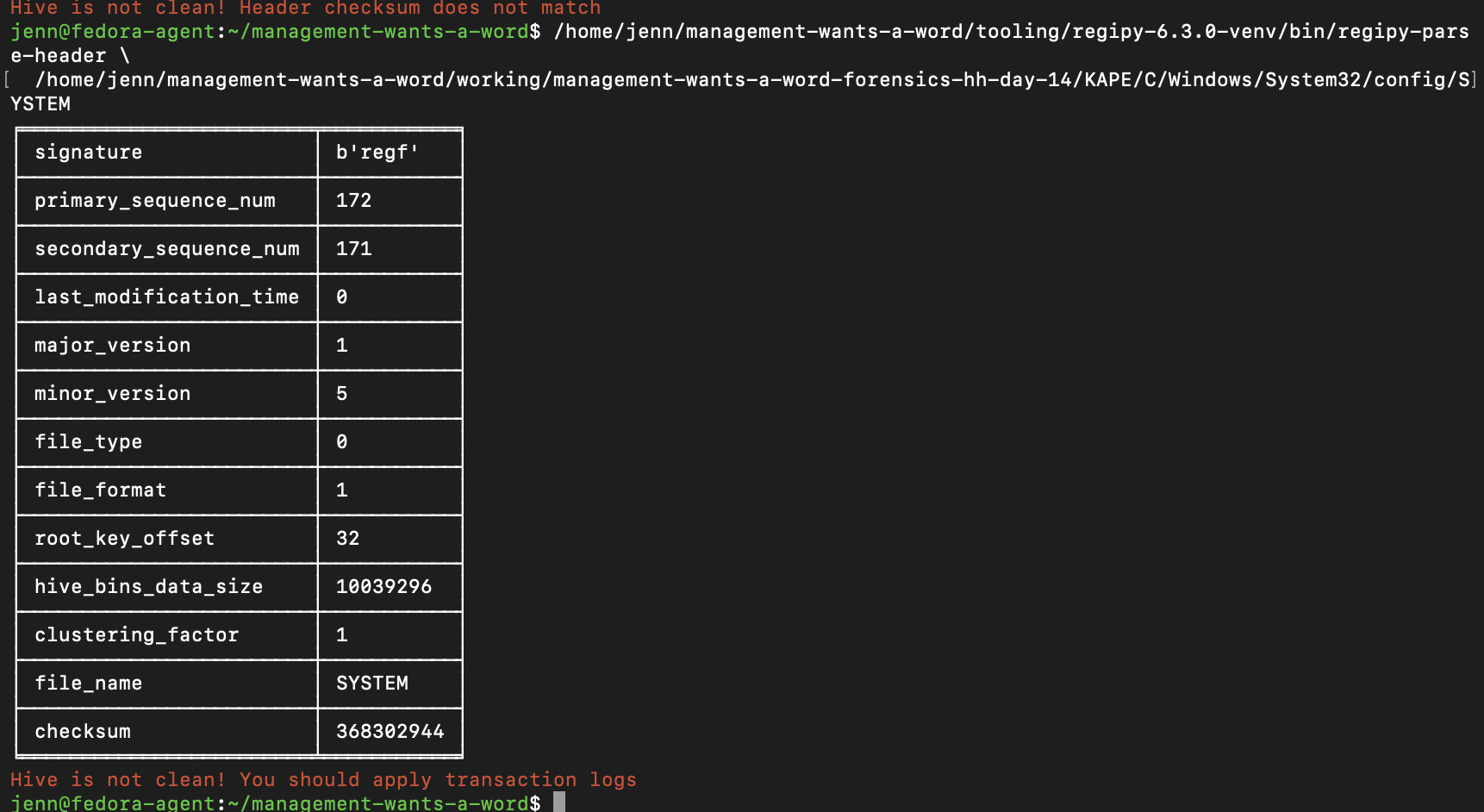 Regipy output showing mismatched registry hive sequence numbers